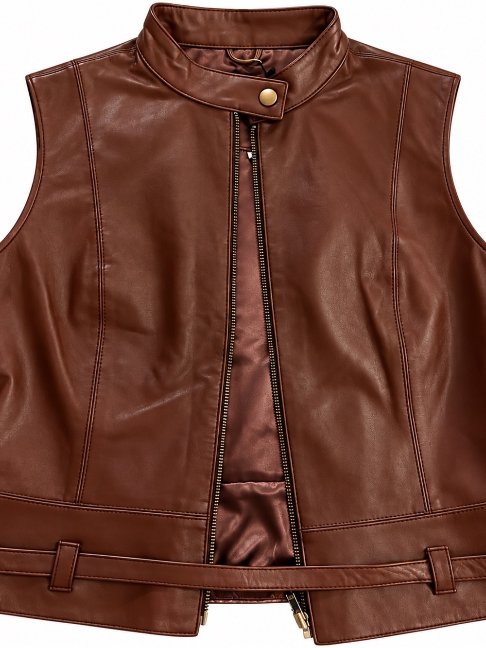 CAbi Brown Leather Belted Zip Vest